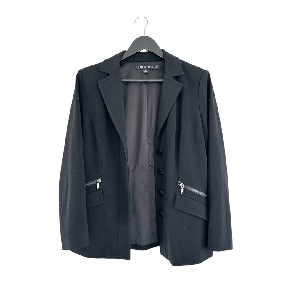 Lafayette 148 New York Blazer Jacket Size 10 Black Shoulder Pads Career Office